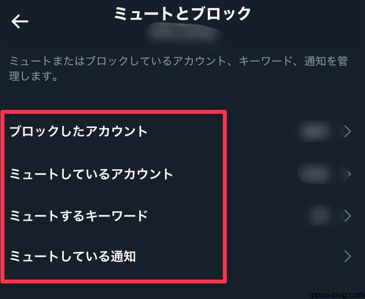 「ミュートとブロック」で選択できる4つの項目を示す画面