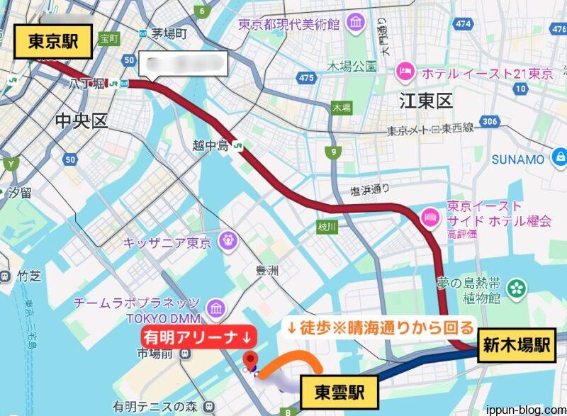 りんかい線経由で新木場→東雲駅へ向かうルート案内マップ