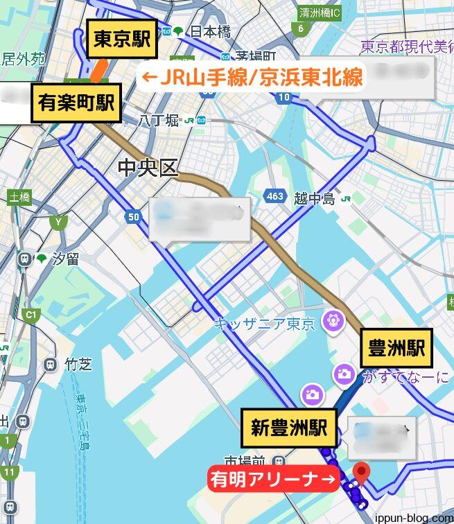 有楽町線経由で豊洲→ゆりかもめ新豊洲駅へのルート案内地図
