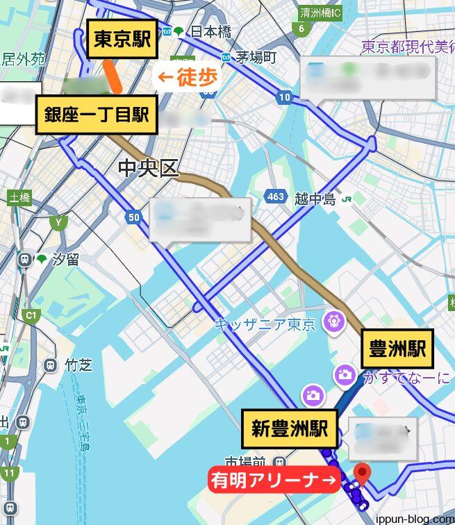 銀座一丁目経由ルートの案内地図